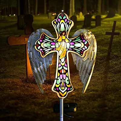 Solar Cross Garden LightsStained Glass And Angel Wings Grave Decorations For Ce • $44.50