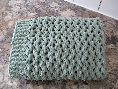 Hand Knitted Sage Green Chunky Baby Blanket Size Approx 22  X 28  • £13.99