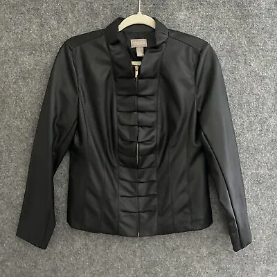 Chico's Jacket Women's 0 US Small Black Faux Leather Vegan Ruffle Zip Front • $24.88