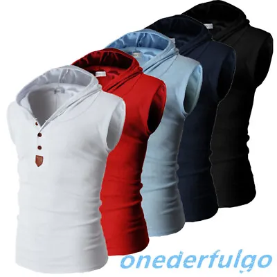 Mens Gym Hooded Tank Top Sleeveless Vest Bodybuilding Workout Fitness Hoodie • $15.15