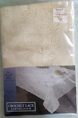 Vintage Vinyl Crochet Lace Tablecloth Oblong 54 X 72 Elrene Beige  • $15