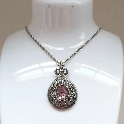 Silvertone Art Deco Faux Marcasite & Amethyst Ornate Teardrop Art Deco Necklace • $13.25