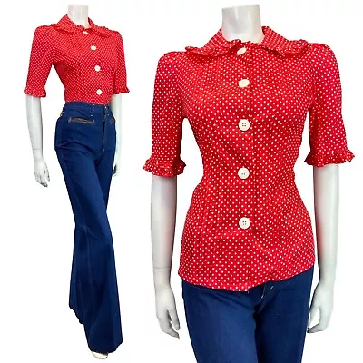 VINTAGE 60s 70s RED WHITE POLKA-DOT RUFFLE SHORT SLEEVE MOD SHIRT 10 12 • £38