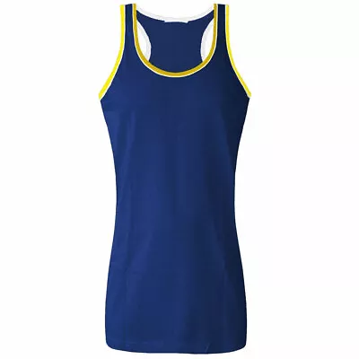 Two Tone Trim Mens Muscle Sleeveless Athletic Gym Plain Vest Tank Top Racer Back • £3.99