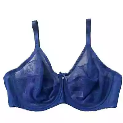 Wacoal Bra 40D Full Figure Underwire Lace Retro Chic Radiant Blue Unlined Sheer • $27.99