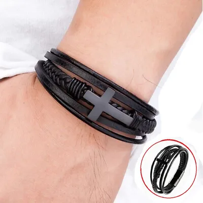  Cross Multi Layer Stainless Steel Fashion Men's Leather Bracelet Classic Gift • $7.39