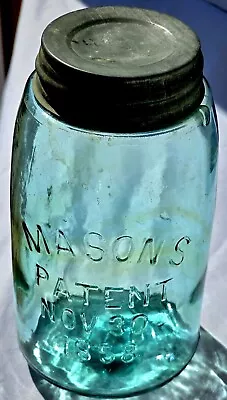 MASON’S PATENT NOV 30 1858 Quart Dark Aqua Amber Swirl Sweet Jar • $26