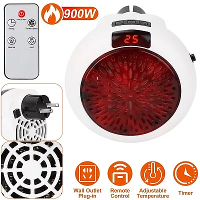 900W Plug In Wall Heater Mini Electric Space Heater Digital Timer With Remote • $22.99