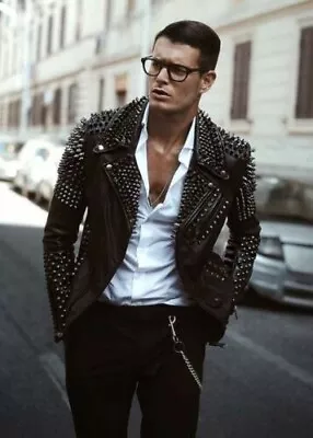 Mens Studded Classic Brando Leather Jacket Men Leather Jacket • $249.99