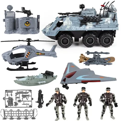 Military Army Play Set Toy Soldiers Action Figures Planes Helicopter Boat Gift • £20.48