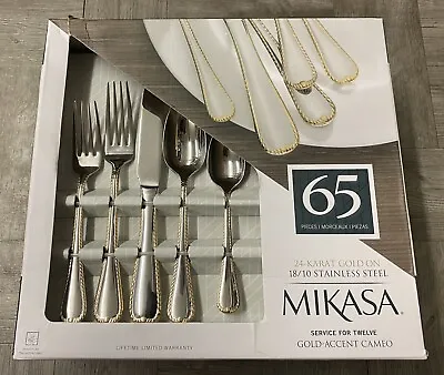 MIKASA Cameo Gold-Accented 65-Piece 18/10 St. Steel Flatware Set (NEW-IN-BOX) • $174.99
