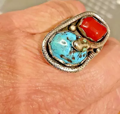 Zuni Men’s Turquoise & Coral Rattlesnake Ring Size 10 • $195