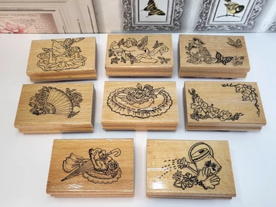 £9 • Buy Set Of 8 Botanical Victorian Wooden Stamps Pretty Floral Dove Butterfly Garden