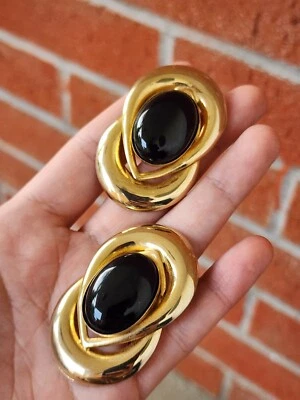 $19.99 • Buy Vintage Gold Tone Black Cabochon Clip On Earrings Jewelry Statement Big 2 