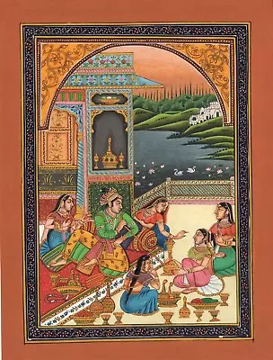 Mughal Harem Court Miniature Painting Exotic Handmade Moghul Watercolor Folk Art • $129.99