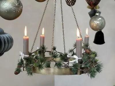 £28 • Buy Hanging Brass Chandelier 4 Dinner Candle Holder, Round Wreath Rustic Metal