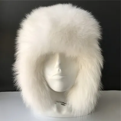 White Real Fox Fur Russian Aviator Hat Ski Caps Leather Trapper Hat W EarFlap • $42.90