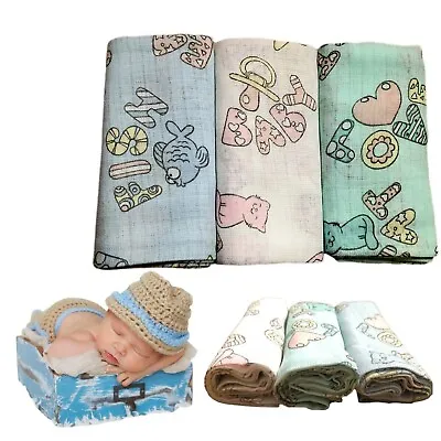 ✅3 Pack Large Printed Muslin Squares 80x70cm Baby Cloth Reusable Nappy Bibs Wipe • £6.99