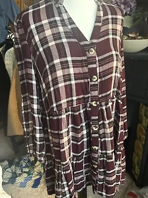 Flannel Shirt Dress Size 12 Checked Tartan Longsleeve Burgundy Red • £1.50