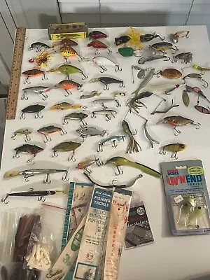 VINTAGE FISHING LURE LOT HeddonBomber Jitterbug Rapala Chub & More • $125