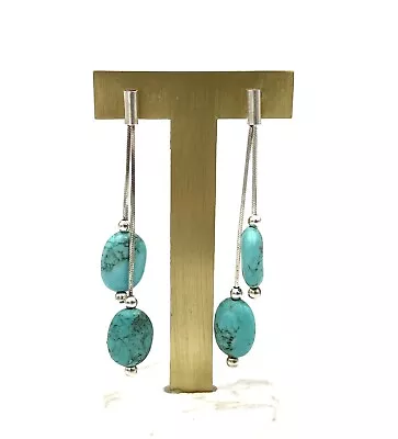 Vintage 925 Sterling Silver Natural Turquoise Double Dangle Post Earrings 6g • $29