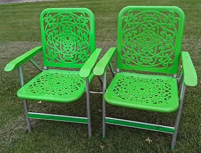Sweet  Retro 1970's Sun Terrace Mid-Century Green Folding Lawn Chairs Boho Chic • $139