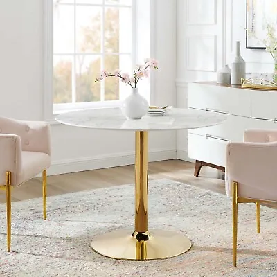 Modway Verne Round Artificial Marble 40  Dining Table In Gold White • $561.21