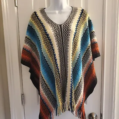 Missoni Fringe Zigzag Poncho Cape Knit Fringe Wrap Multi Color Italy Wool Blend  • $85