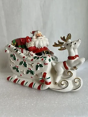 Vintage UCAGCO Christmas Santa Candy Cane Sleigh Planter Candy Dish Music Box • $255