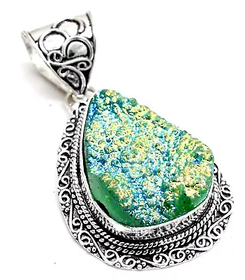 925 Sterling Silver Druzy Quartz Gemstone Jewelry Vintage Pendant Size-2  • $19.99