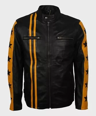 Mens Yellow Star Stripes Cafe Racer Black Leather Jacket • $189.99