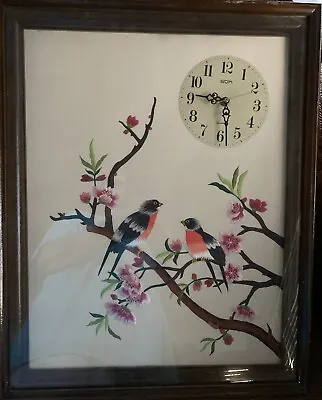 Vintage Hand Embroidered Floral/Birds/Wood Framed Wall Clock • $19.99