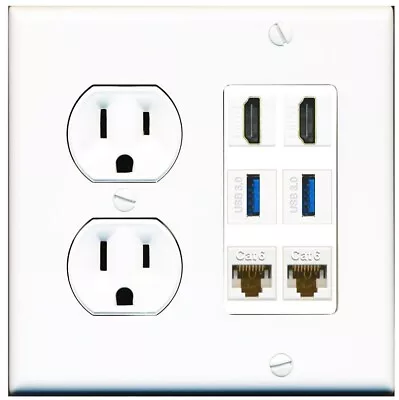 2 Port HDMI+2 USB 3 + 2 CAT6 Wall Plate W-Power Outlet White • $24.93