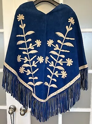 Vintage Blue Leather Poncho Fringe Embroidered Hippie 70's Coachella Cape • $225