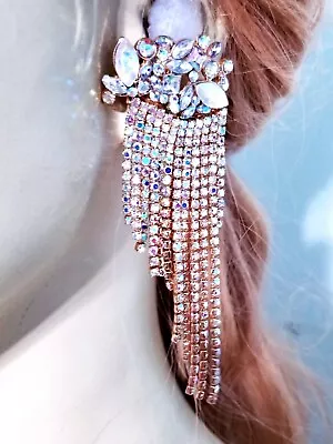 Chandelier Rhinestone Crystal Pageant Bridal Earrings AB Drop Dangle 3.5 Inch • $37.99
