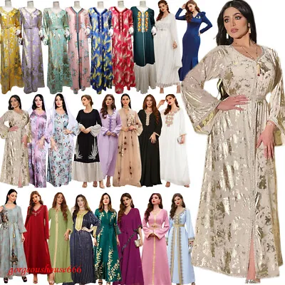 Muslim Women V-Neck Maxi Dress Abaya Kaftan Robe Dubai Islamic Party Gown Arab • £33.07