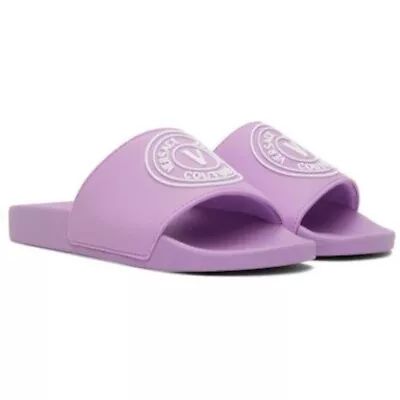 VERSACE JEANS COUTURE Purple V-Emblem Sandals / Pool Slides Size: 6.5 / 38 NEW • $95