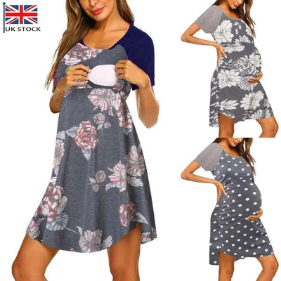 £13.19 • Buy Pregnant Women Printed Maternity Midi Dress Nursing Breastfeeding Nightdress UK