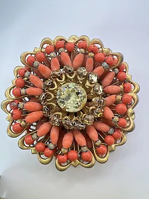 Miriam Haskell Brooch Vintage Gilt Faux Coral Glass Rhinestone 1 5/8  Pin Signed • $150