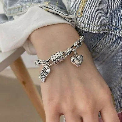 925 Sterling Silver Girls Thick Chain Bracelet Heart Tassel Bangle Woman Jewelry • $10.98