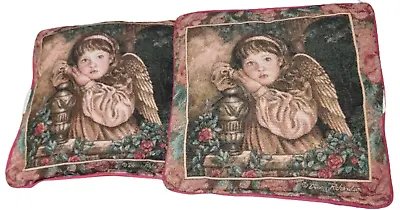 2x Donna Richardson Tapestry Pair Of Throw Pillow Girl Angel Floral Red Roses! • $39.95