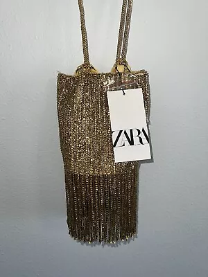 Zara Gold Diamond Beaded Fringed Mini Bucket Bag Brand New • £55.41