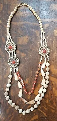 Necklace Naga Brass Pendant Carnelian & Carved Beads  India Pendant • $49.50