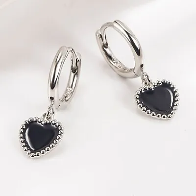 925 Sterling Silver Black Heart Hoop Earrings Women Girls Jewellery Gift • £3.49