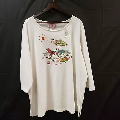 Quacker Factory Womens Embroidered Beach Top Size 3X White 3/4 Sleeve Sequins • $29.88