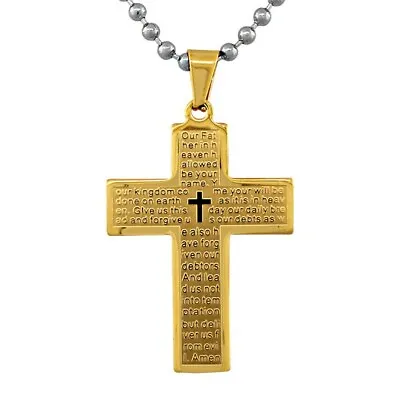 Stainless Steel Gold-Tone Large Cross Lord's Our Father Prayer English Necklace • £12.29