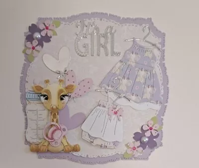 Luxury Handmade Card Topper Baby Giraffe And Baby Girl Suits New Born • £1.99