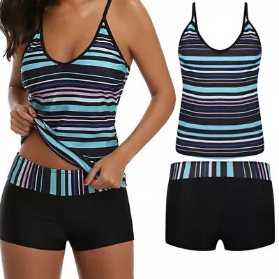 Women Ladies Tankini Set With Boy Shorts Padded Swimsuit Bathing Swim Costume • £10.99