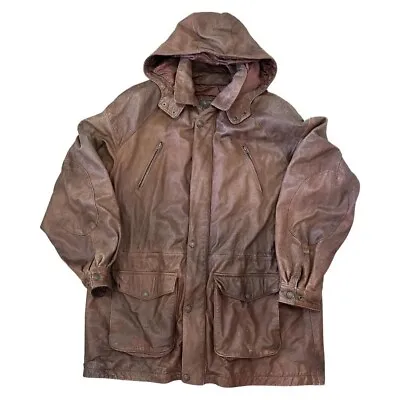 Vintage Brown Leather Hooded Jacket Mens Size XL Zip Up Adventure Bound • $50
