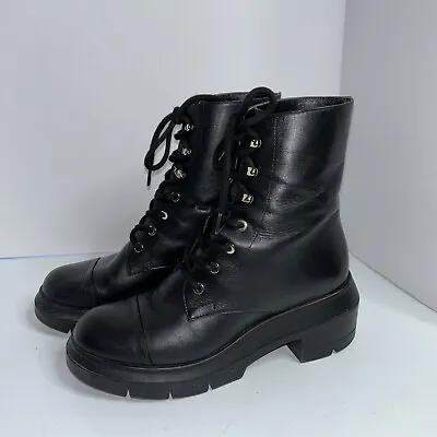 Stuart Weitzman Nisha Smooth Calf Black Leather Lace-Up Combat Boots Women 9.5C • $120